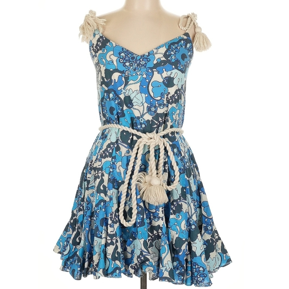 RHODE Blue Floral A-Line Skirt With Rope Belt And Accents